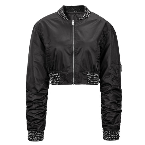 Crystal Crop Flight Jacket-Black