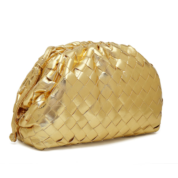 Mini Metallic Clutch Woven Bag-Gold